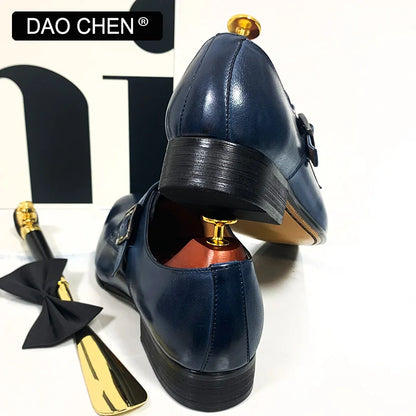 DAOCHEN MEN'S GENUINE LEATHER SHOES BLUE BLACK BUCKLE STRAP LOAFERS SLIP ON FORMAL WEDDING OFFICE casual dress shoes man