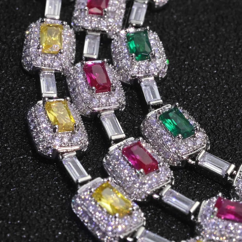 ESKEEM Fashion Jewelry Iced Emerald Cushion Cut Diamond Bracelet White Gold Inlaid Green Baguette Zircon Women's Bracelet ﻿