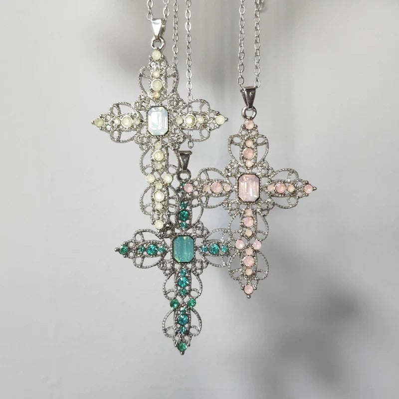 Gothic Big Zircon Cross Necklace Unisex Y2K Irregular Goth Large Cross Pendant Necklaces  for Men Women Couple Necklace Jewelry