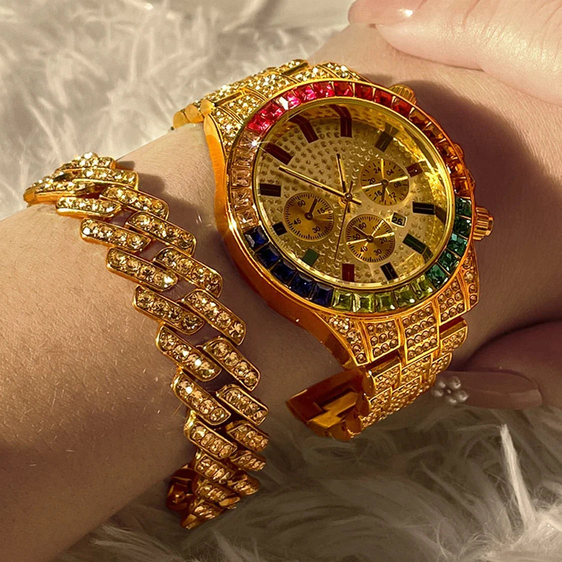 Fashion Hiphop Women Quartz Watch Luxury Cuban Bracelet Chain Sets Rhinestones Dress Wristwatch For Ladies Gift