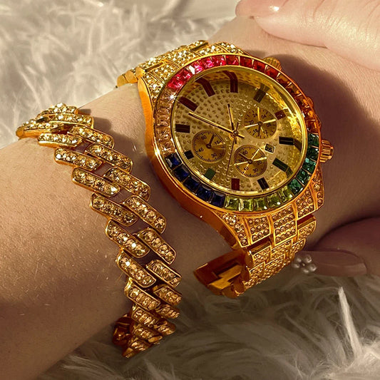 Fashion Hiphop Women Quartz Watch Luxury Cuban Bracelet Chain Sets Rhinestones Dress Wristwatch For Ladies Gift