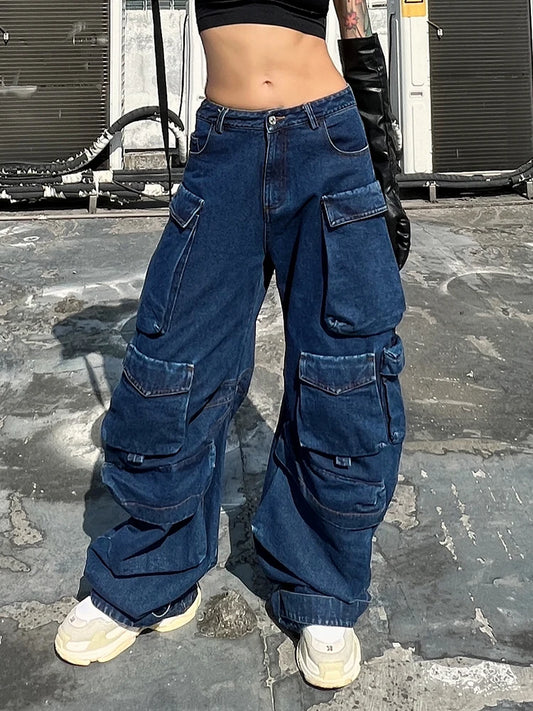Y2k Clothes Jeans For Women High Waist Loose Patchwork Pockets Solid Denim