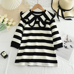 Children's Fashionable Casual T-shirt Dresses Black and White Color Blocked Collar