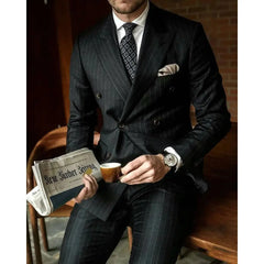 Black Striped Men Suit Fashion Peak Lapel Double Breasted Male Blazer with Pants Formal Cas