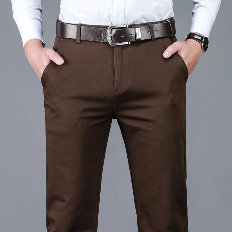 Classic Style Men's Brown Business Straight Casual Pants Solid Stretch Cotton High Waist