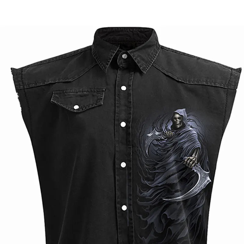 Men's Denim Blouse Retro 3D Skull Graphic Print Sleeveless Shirt Fashion Pocket