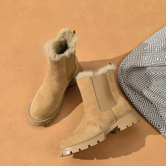 BeauToday Snow Chelsea Boots Women Leather latform Fur Boots Round Toe Ladies