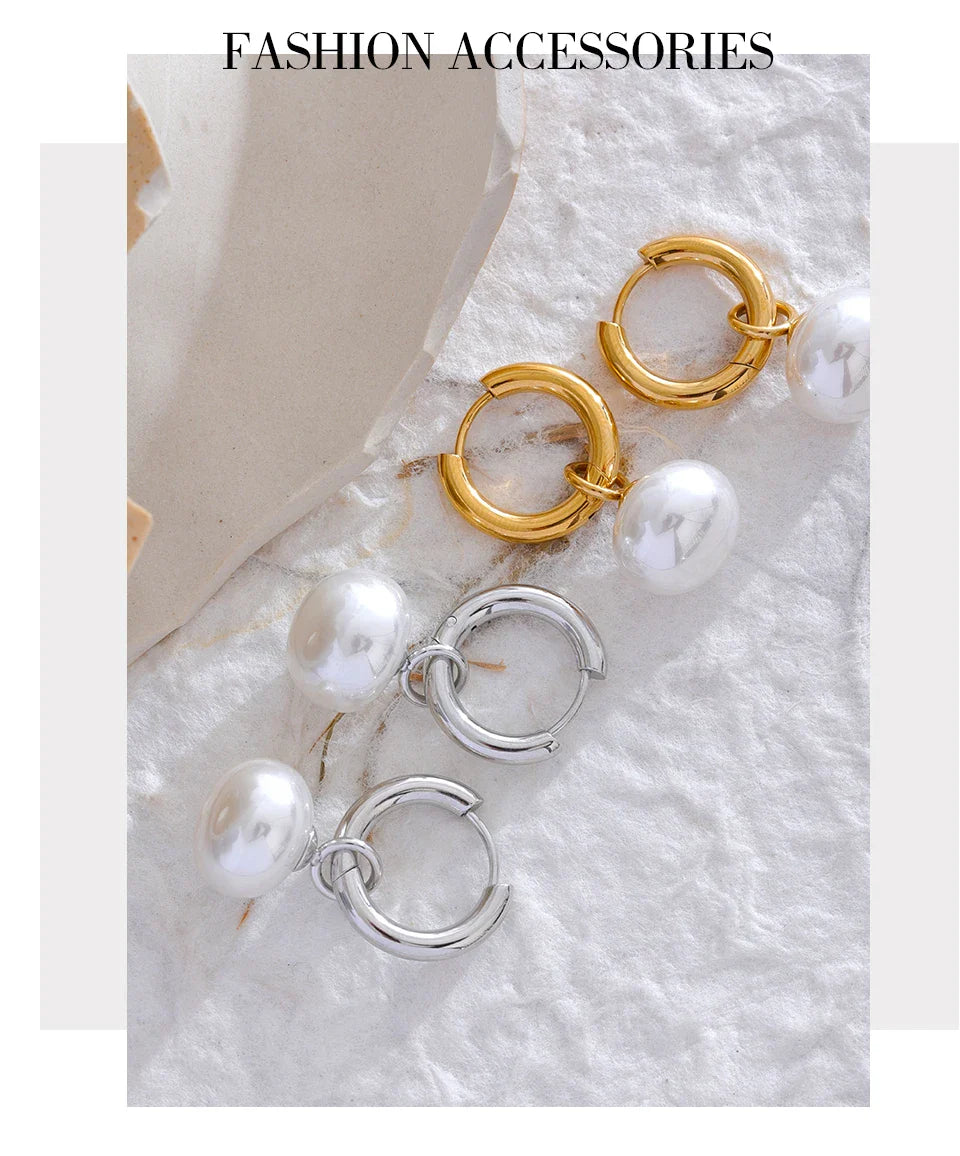 Yhpup High Quality Imitation Pearls Drop Stainless Steel Golden Korean Hoop Earrings Charms Fashion Jewelry Bijoux Femme Gift