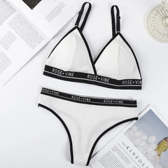 Women Cotton Bra Low Waist Panties Lingerie Set Letter Print Push Up Bras
