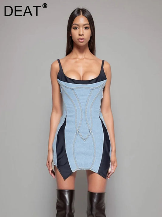 Fashion Women's Patchwork Elastic Denim Sling Dress Spring Trendy Sleeveless