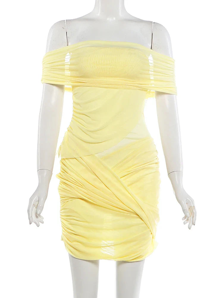 Kliou Sexy See Through Mini Dress Woman Slash Neck Backless Skinny Peach Buttocks Hot Girls Midnight Club Party Hipster Bodycon