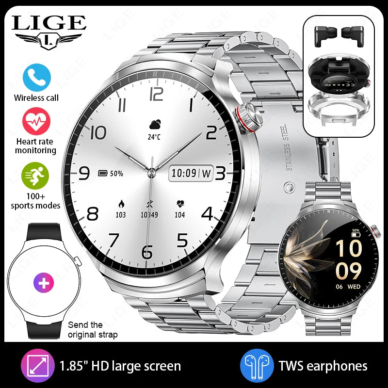 LIGE 2025 New TWS 2-In-1 Headset Smart Watch 1.85" Bluetooth Call Men Earphone Smartwatch Heart Rate Health Monitor Music Watch