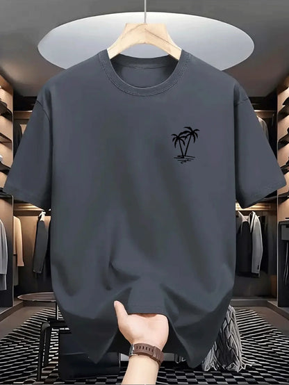 Men's summer 100% cotton fashionable casual loose coconut tree pattern printed sports round neck short sleeved T-shirt top