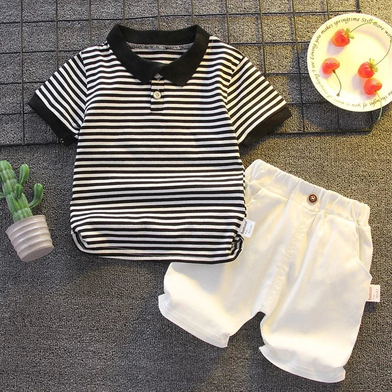 ‌New 2025 Boys Cotton Striped Shorts Set 2-Piece Summer Outfit Fashion Short Sleeve Casual Playwear Stylish Kids Clothing‌