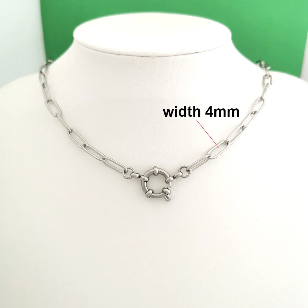 QMHJE Spring Sailor Clasp Necklace Women Men Choker Stainless Steel Geometric Paperclip Link Chain Rolo PVD Gold Color Wholesale