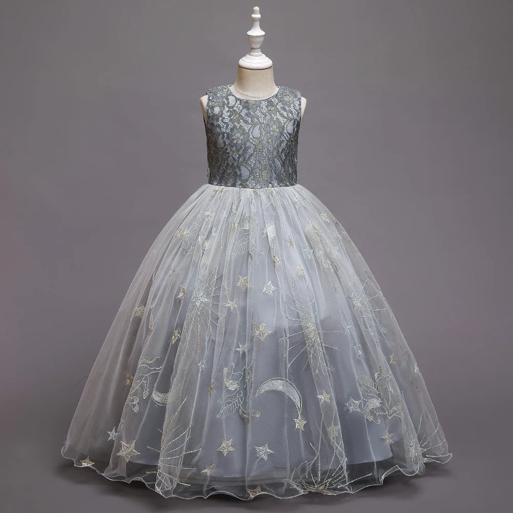 Grey Girls' formal dress with star embroidery, long dress with temperament, long mesh dress, host piano performance costume