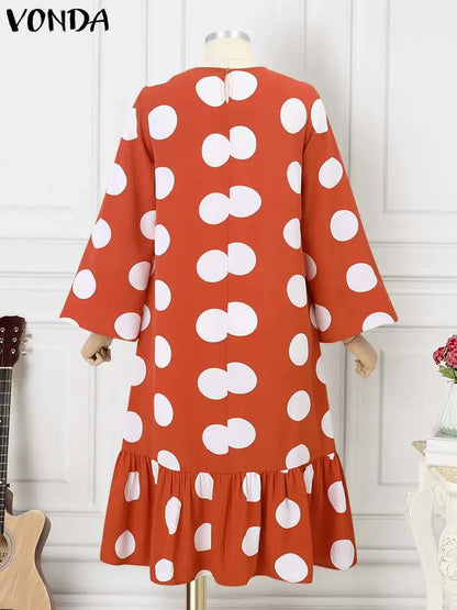 Plus Size 5XL VONDA Bohemian Polka Dot Printed Dress Women Long Sleeve Party Midi Sundress Vintage Casual Loose Ruffled Vestidos