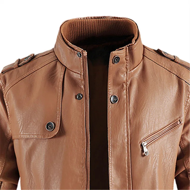 Winter Long PU Leather Jackets Men Stand Collar Windbreaker Faux Outerwear