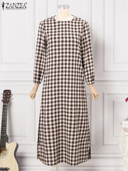 Women Vintage Checked Maxi Dress Muslim Fashion Abaya Robe Femme