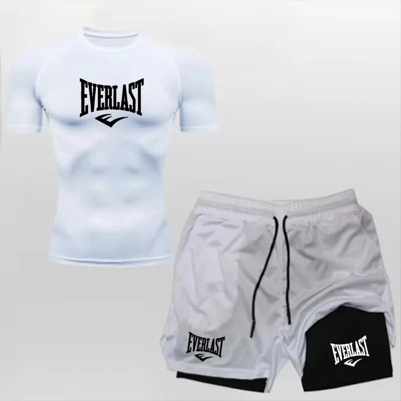 EVERLAST Men's Compress Shirt + 2-in-1 sports shorts 2pcs Set Leisure Breath Short Sleeve Sport Jogging Gym Brand Print Clothing