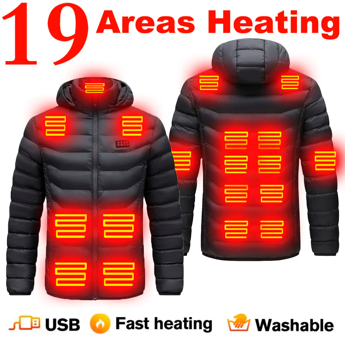19 Areas USB Heated Jacket Men Winter Thermal Coat Electric Heating Jacket Hooded