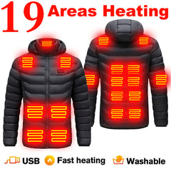 19 Areas USB Heated Jacket Men Winter Thermal Coat Electric Heating Jacket Hooded