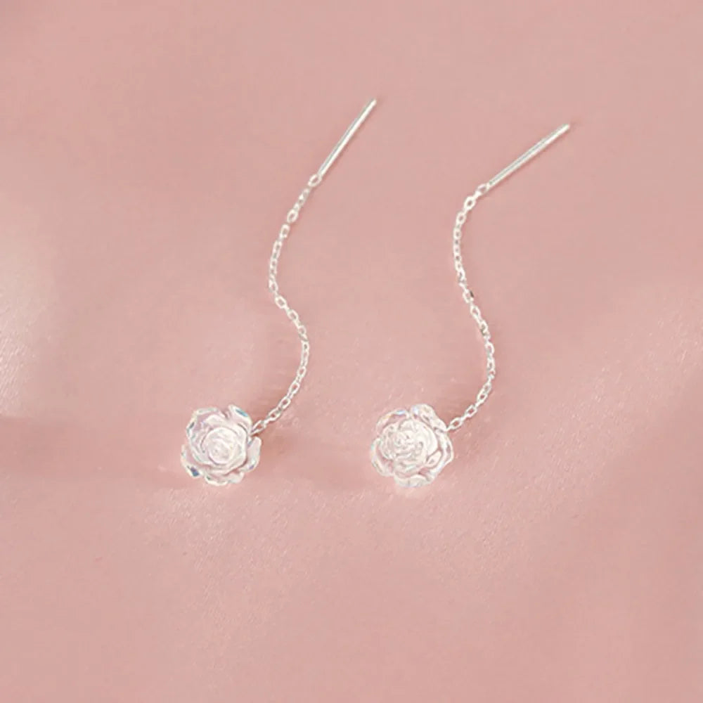 Minimalism Romantic Sterling Silver Rose Flower Pendant Ear Thread Versatile Girl Commuting Dangle Earrings Temperament Jewelry