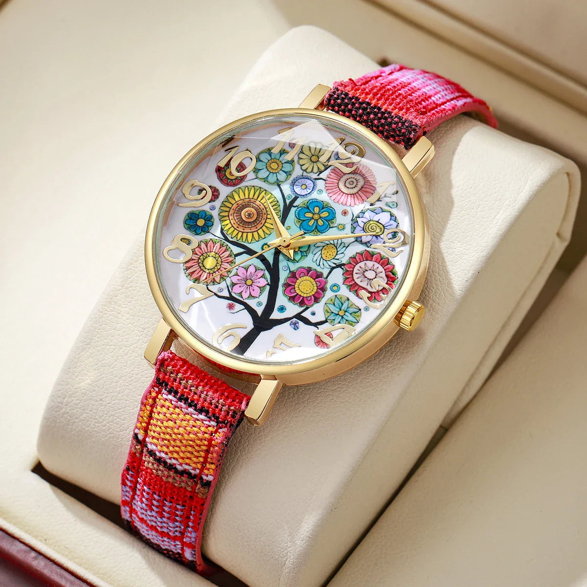 1/2/3/5PCS Fashion Women Watches Vintage Flowers Printed PU Strap Quartz Watch for Women Clock Gift Reloj Mujer（Without Box）
