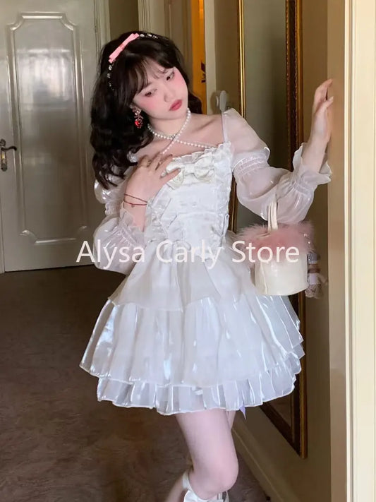 Formal attire Dresses: Sweet Fairy Lolita Dress Women White Mesh Elegant Princess