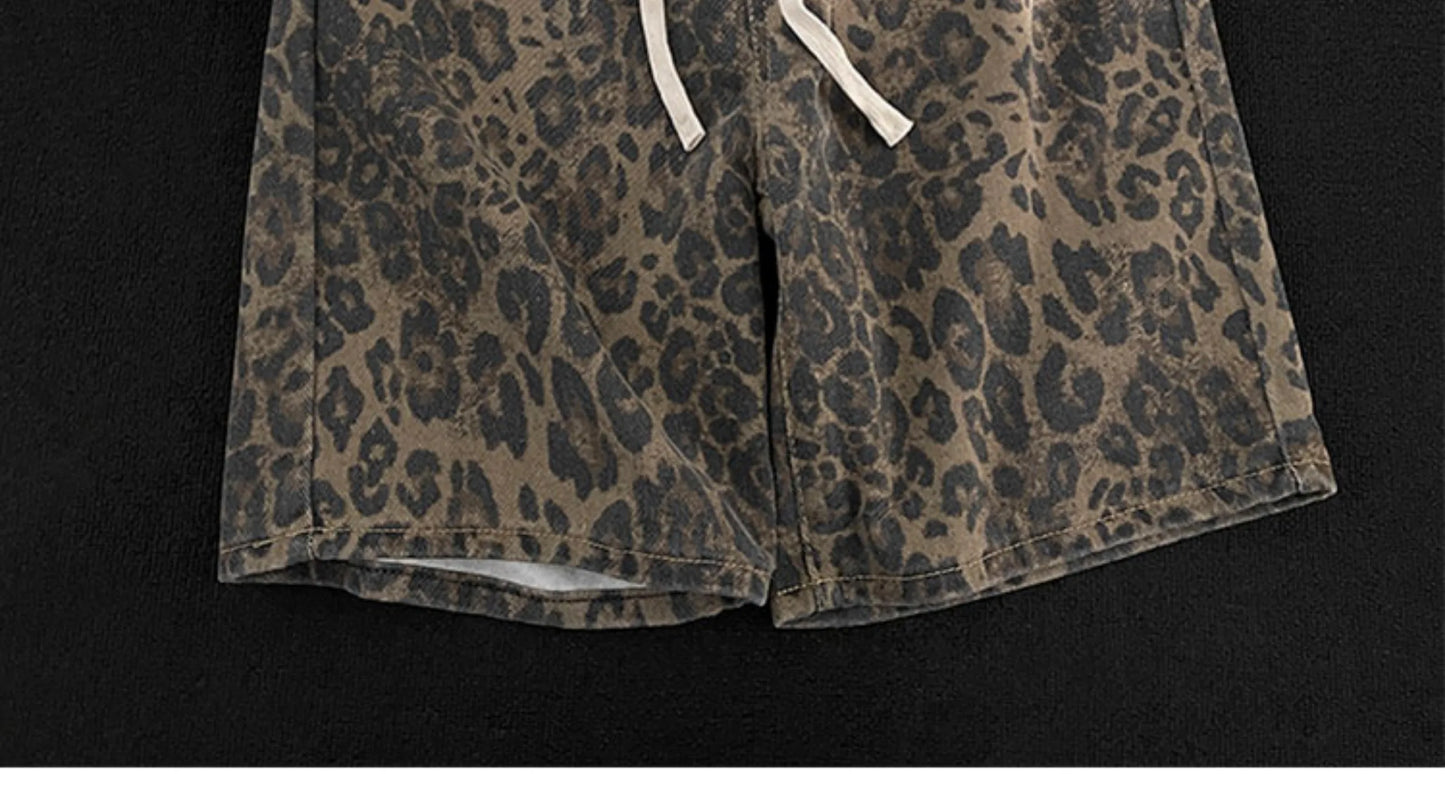Men Leopard Denim Shorts Summer Thin American High Street Drawstring Casual Pants Loose Popular Versatile Handsome Trousers
