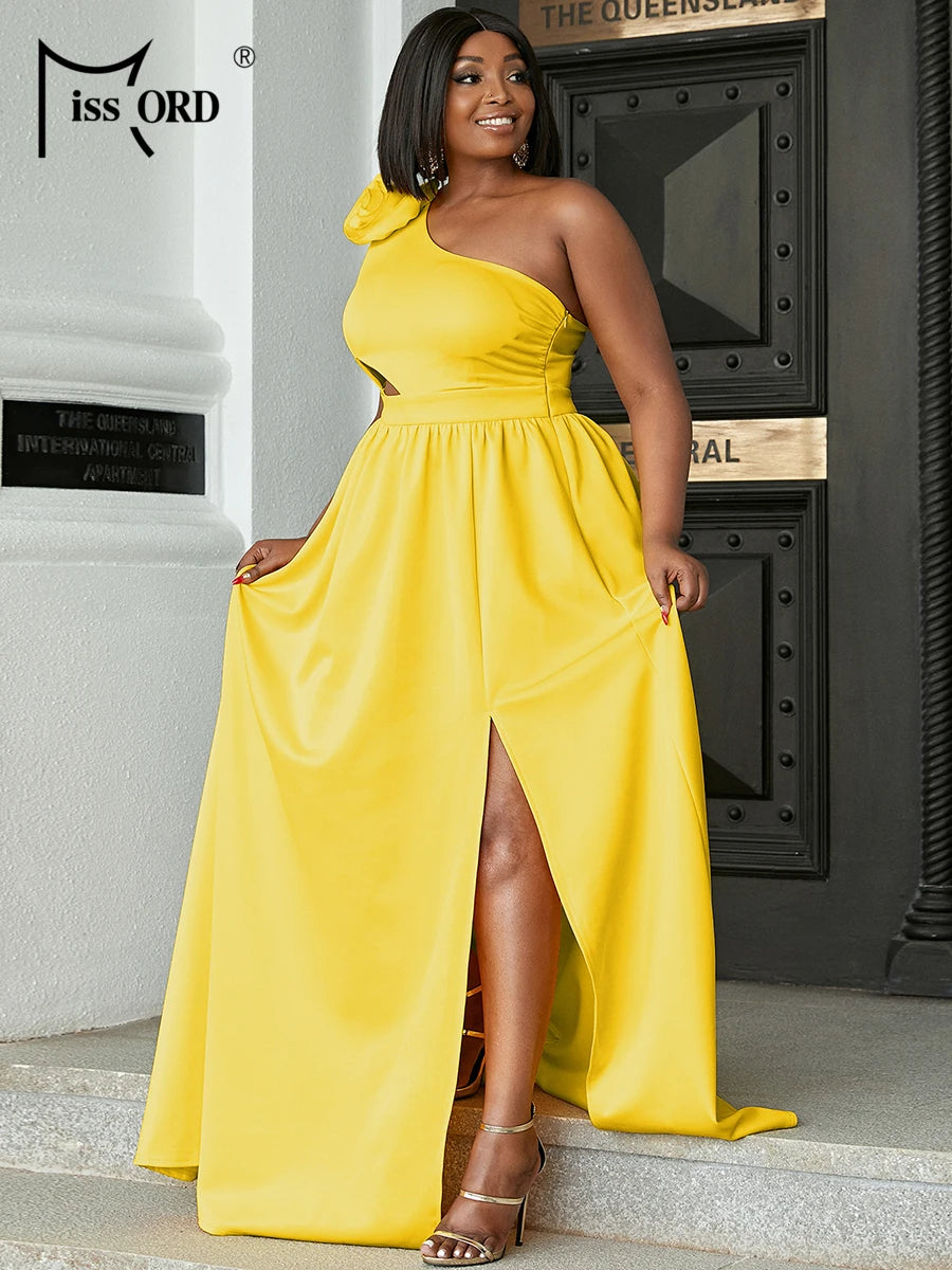 Missord Yellow Plus Size Prom Dress Women Elegant One Shoulder Flower Cutout Thigh Split A-line Evening Party Dresses Long Gown