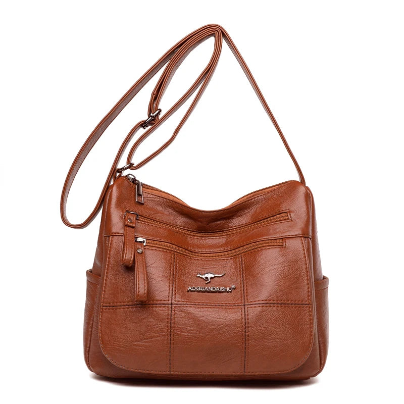 Women's Soft Leather Shoulder Bags Multi-Layer Pockets Messenger