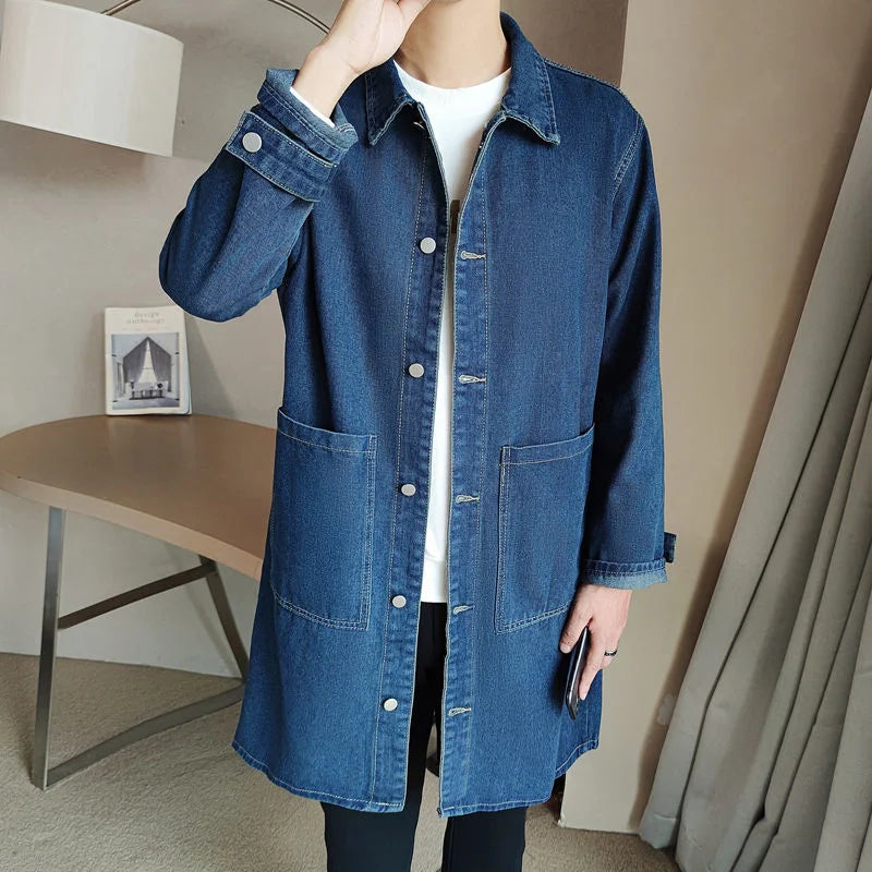 Mid-length Denim Windbreaker Jacket Men Spring Autumn Casual Trench Coat