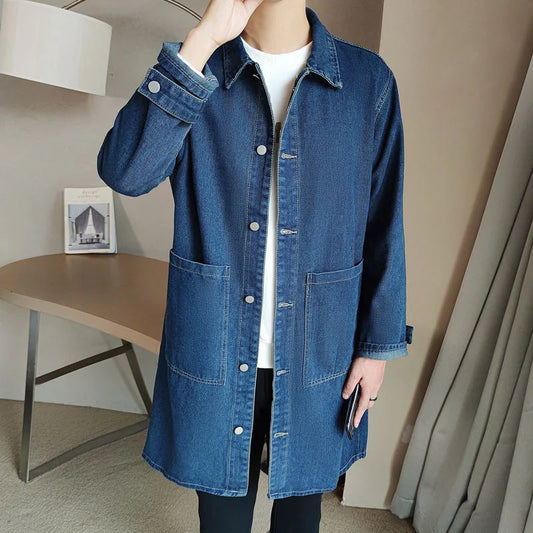 Mid-length Denim Windbreaker Jacket Men Spring Autumn Casual Trench Coat