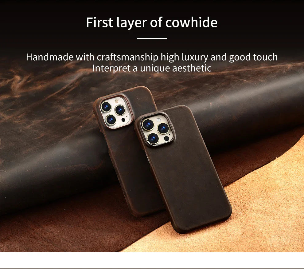 Magsafe Case for iPhone 17 Air 16 15 Pro Max Retro Luxury Full Grain Cowhide Genuine Oiled PULL-UP Leather Magnetic Cover