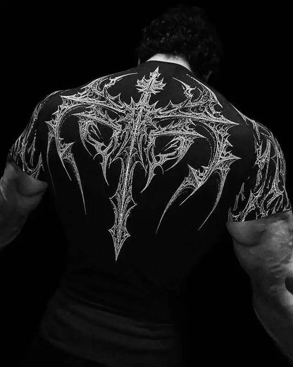GYM T-shirt Men's Dark Gothic Print Muscle Tee  High Elasticity And Quick Drying Exercise For Bodybuilding Training 2025 Summer