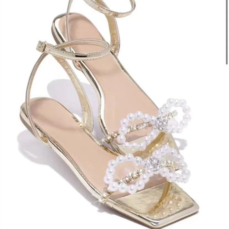 2024 Summer Women's Sandals with Bow Pearl Flat Heels Elegant Rhinestone Party Ladies Shoes Plus Size 42 Sandalias Mujer