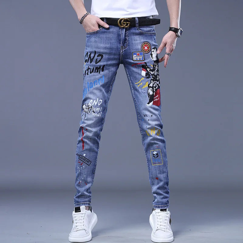 Fashion Printed Jeans Men's Korean Brand Embroidery Badge Pattern Youth Ripped