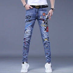 Fashion Printed Jeans Men's Korean Brand Embroidery Badge Pattern Youth Ripped