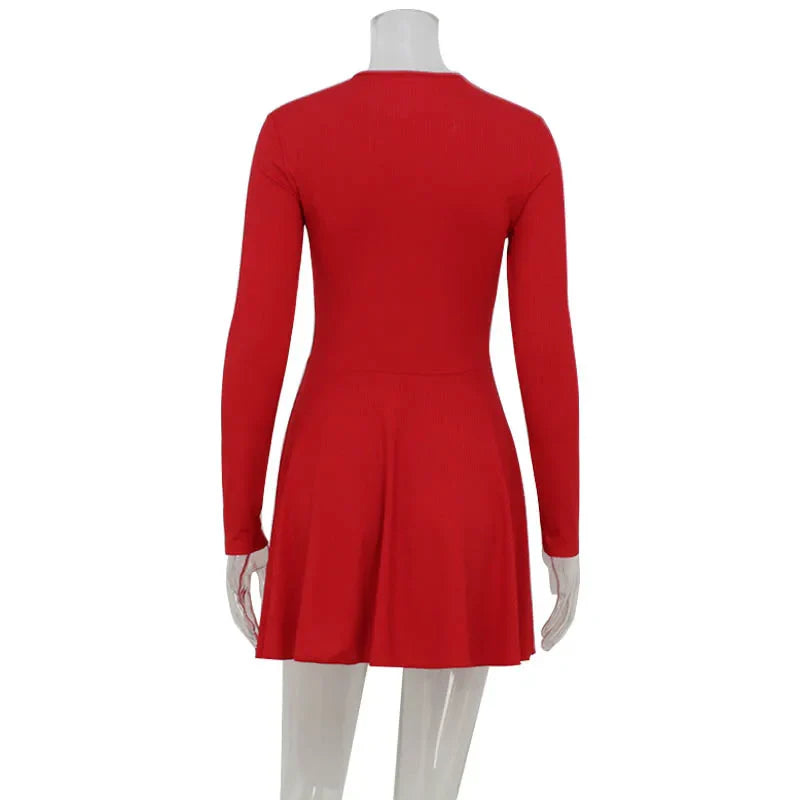 Ahagaga Fashion Solid Women's Mini Dresses A-Line Knitted Sheer Slim Fit Long Sleeves Bodycon O-Neck Party Streetwear Vestidos