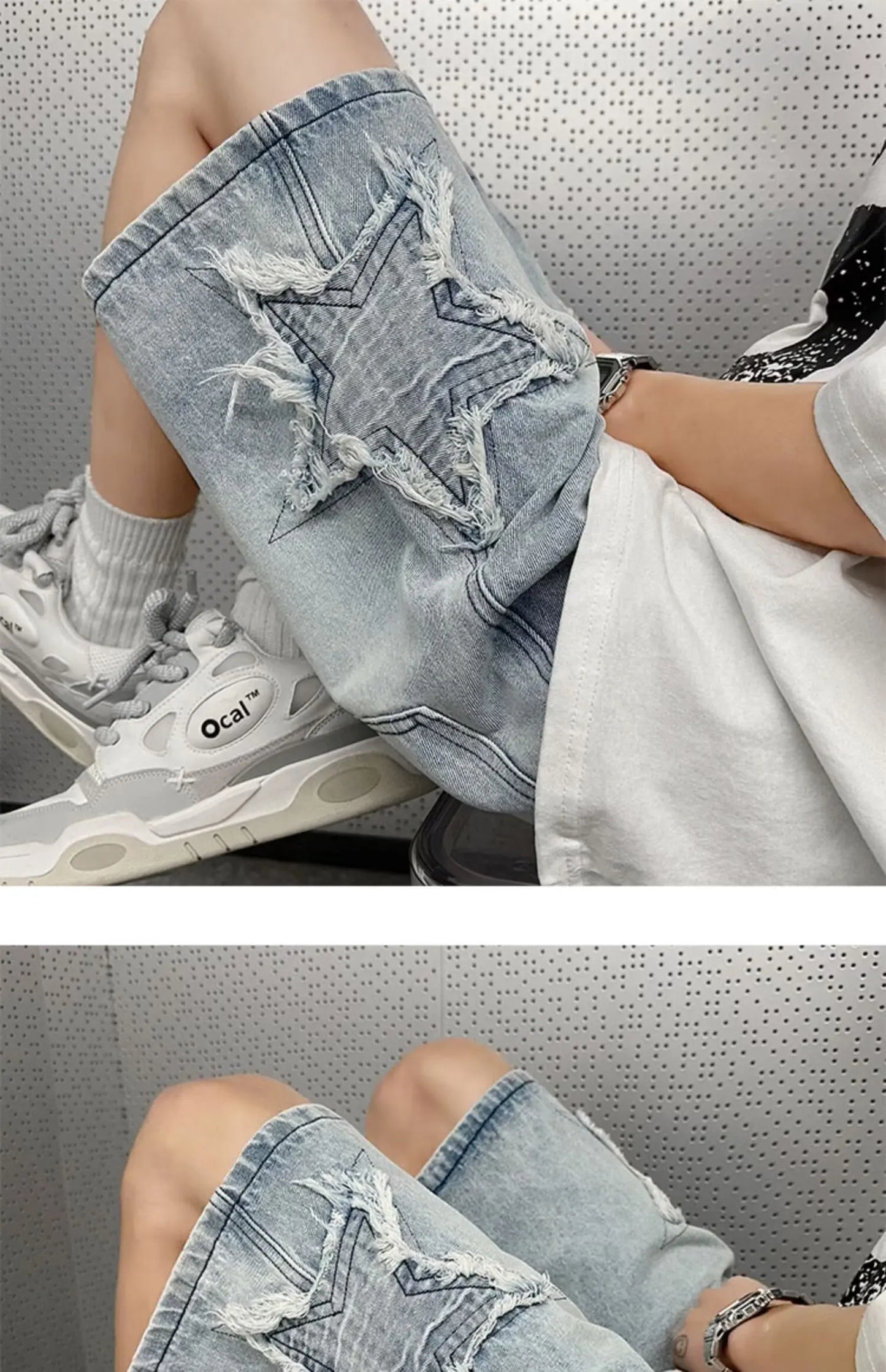 Star Patchwork Yellow Clay Color Jeans Summer Men Denim Shorts Trendy Streetwear Five-point Pants Straight Jeans Shorts