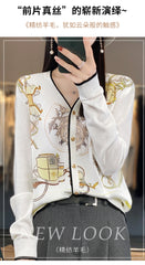 Spring And Autumn Wool Coat Jacket Women's Long Sleeve Wide V-Neck Printed