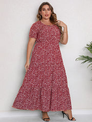 Plus Size Women's Ditsy Print Short Sleeve Round Neck Maxi Smocked Casual Dress