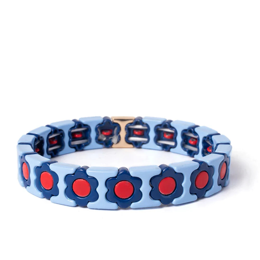 New Design Colorful Flower Charms Bangle For Women Handmade Bohemian Elastic Flower Bracelets Metal Beads Jewelry