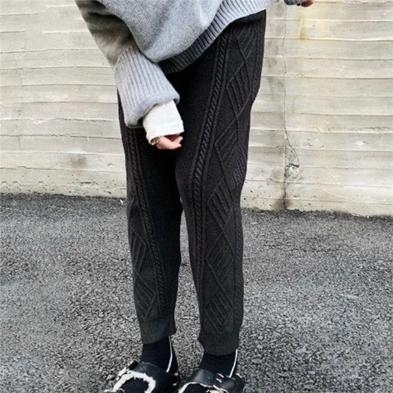 Knitted Ankle-length jogger Pants Women Fall Winter Casual High Waist Korean