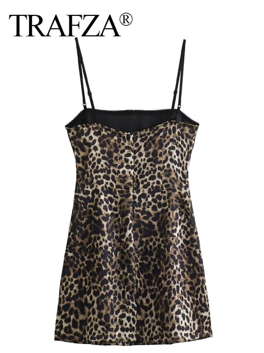 Elegant Leopard Print Sling Dress Casual Woman Fashion Party Backless Short  Dresses