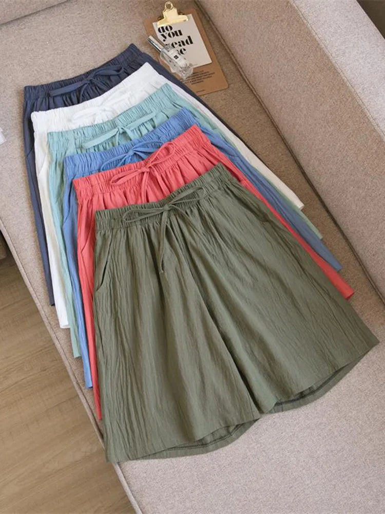 2024 Women Cotton Shorts,Summer Casual Solid Two Pockets shorts high waist loose shorts for girls Soft Cool female shorts