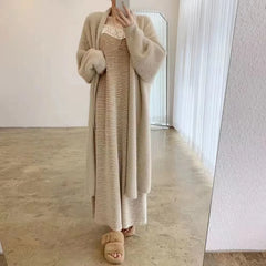 white Long Cardigan for women winter clothes Knitted fluffy long sleeve Cashmere