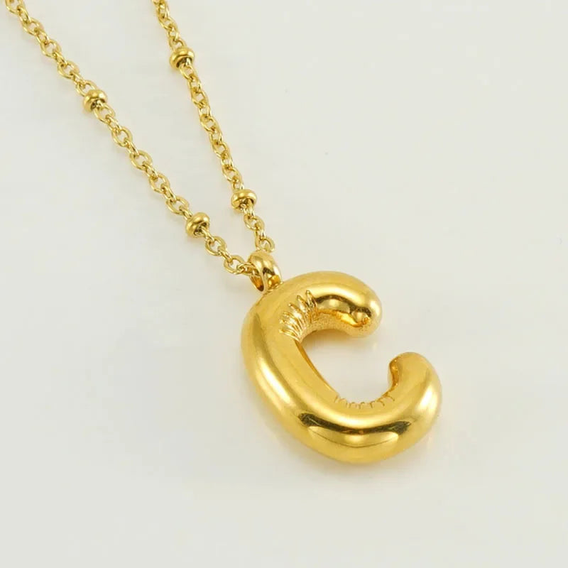 Vintage Stainless Steel Balloon Bubble Chunky Letter Necklace for Women 18K Gold