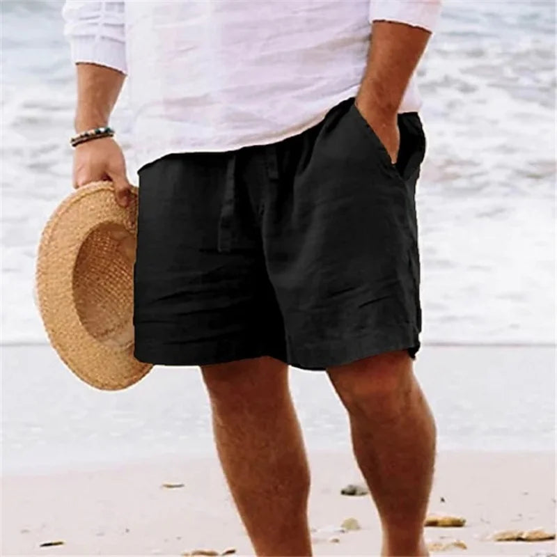 2025 New Summer New Men's Cotton Linen Breathable Shorts Hawaii Beach Pants Male Solid Color Trousers Loose Versatile Streetwear